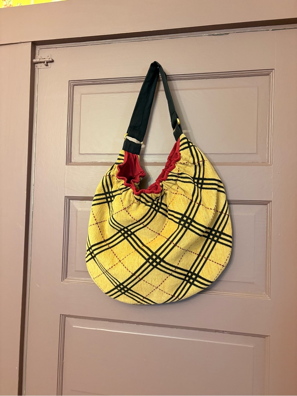 Tan Plaid Hobo Bag with Black Strap and Red Lining, carpet bag